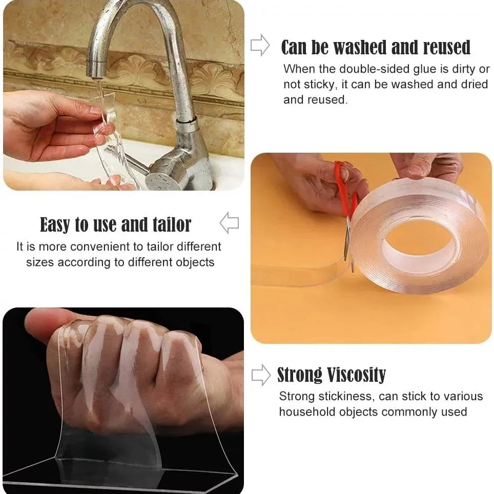 Un jeu de ruban adhésif double face transparent avec instructions de lavage, facilité d'utilisation et forte viscosité.
