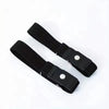 A pair of black elastic no-buckle belts are shown lying on a white background.