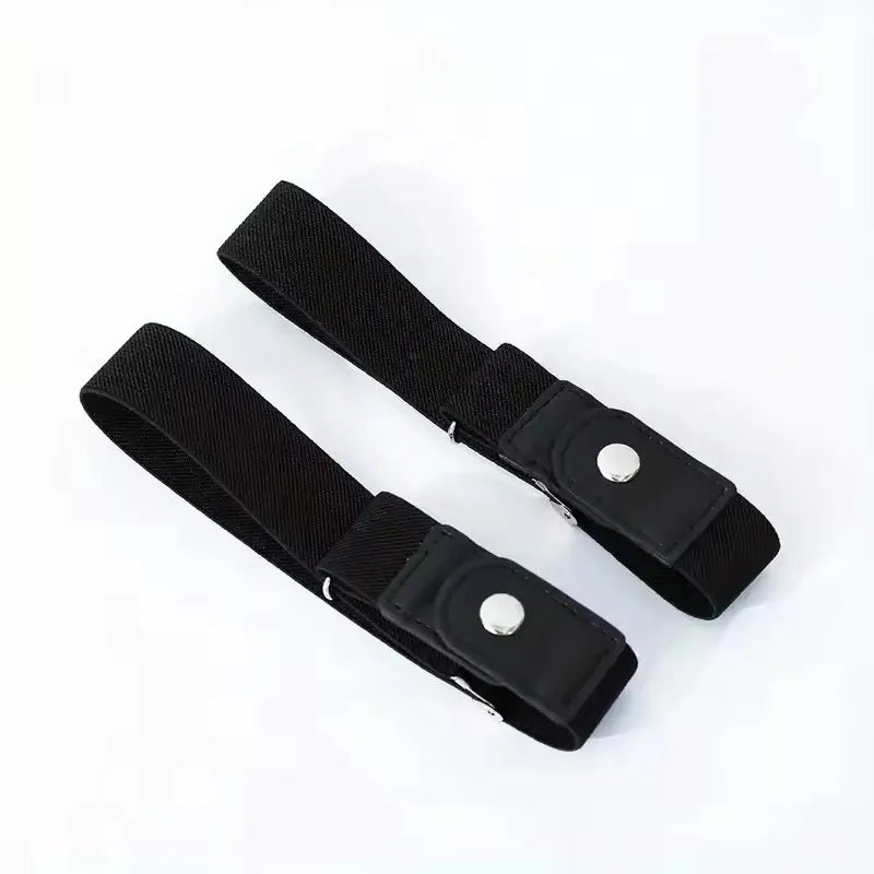 A pair of black elastic no-buckle belts are shown lying on a white background.