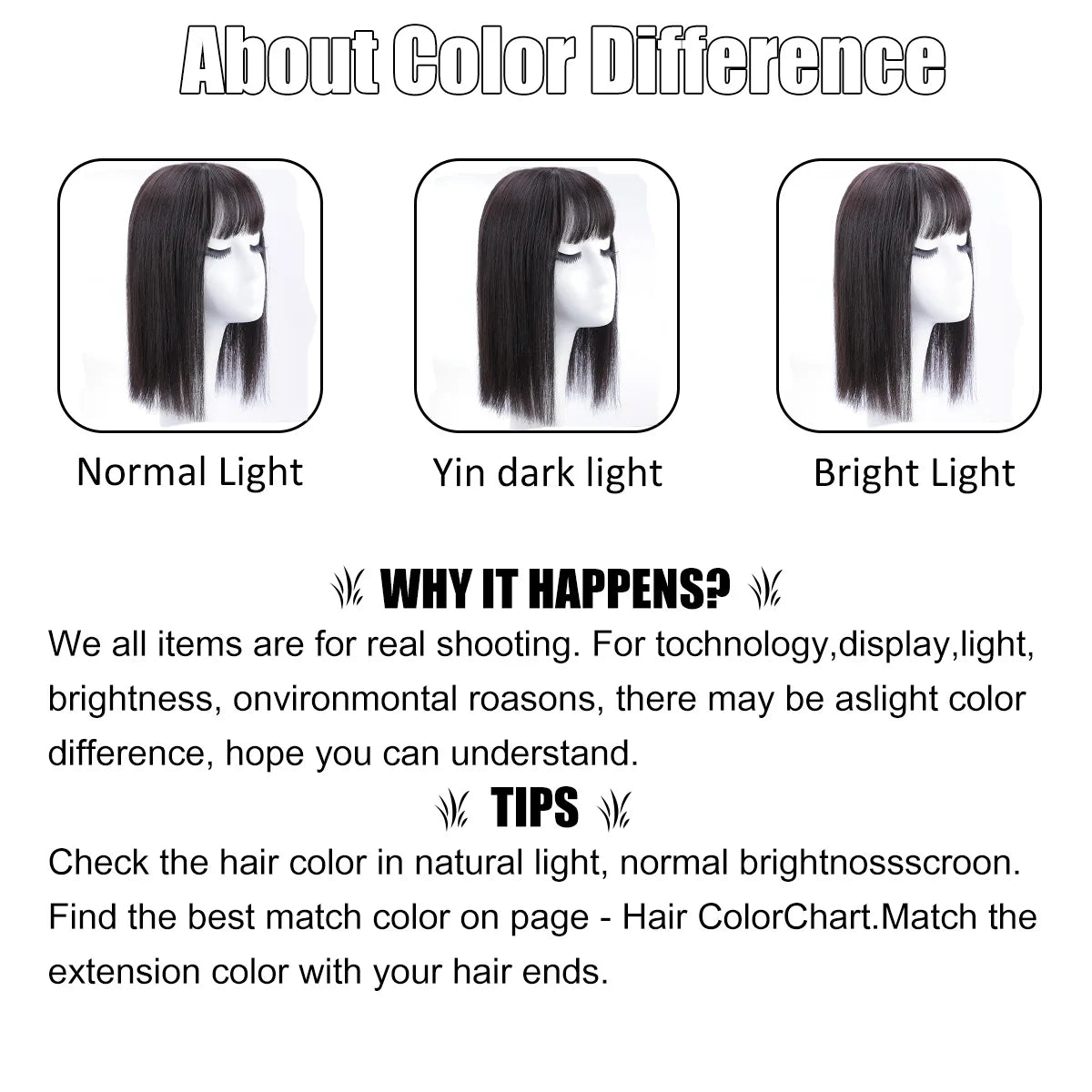 Comparison of normal, yin dark, and bright light on hair color difference for a straight hair topper with bangs
