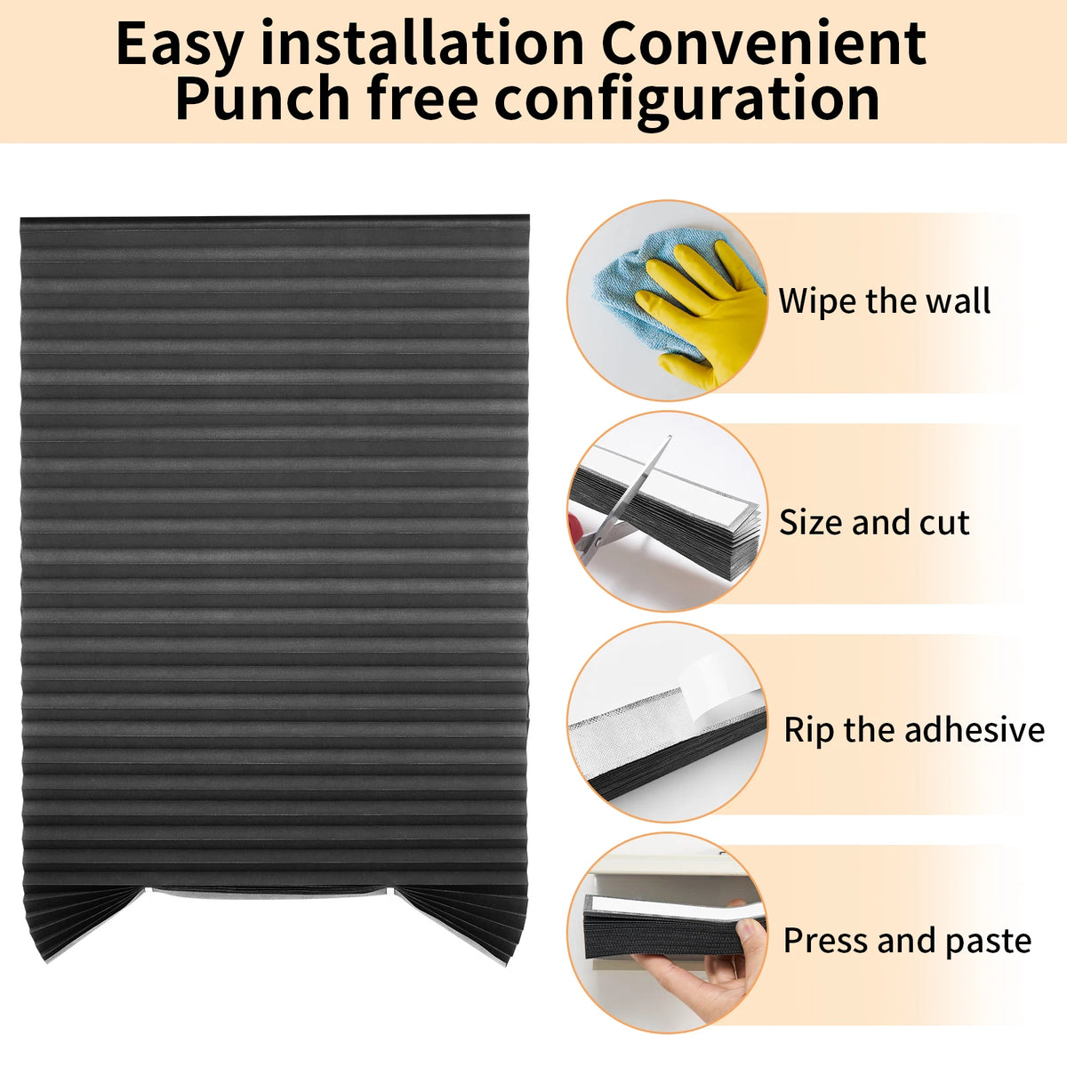 Instructions for easy installation of a pleated paper window blind using a punch-free configuration.