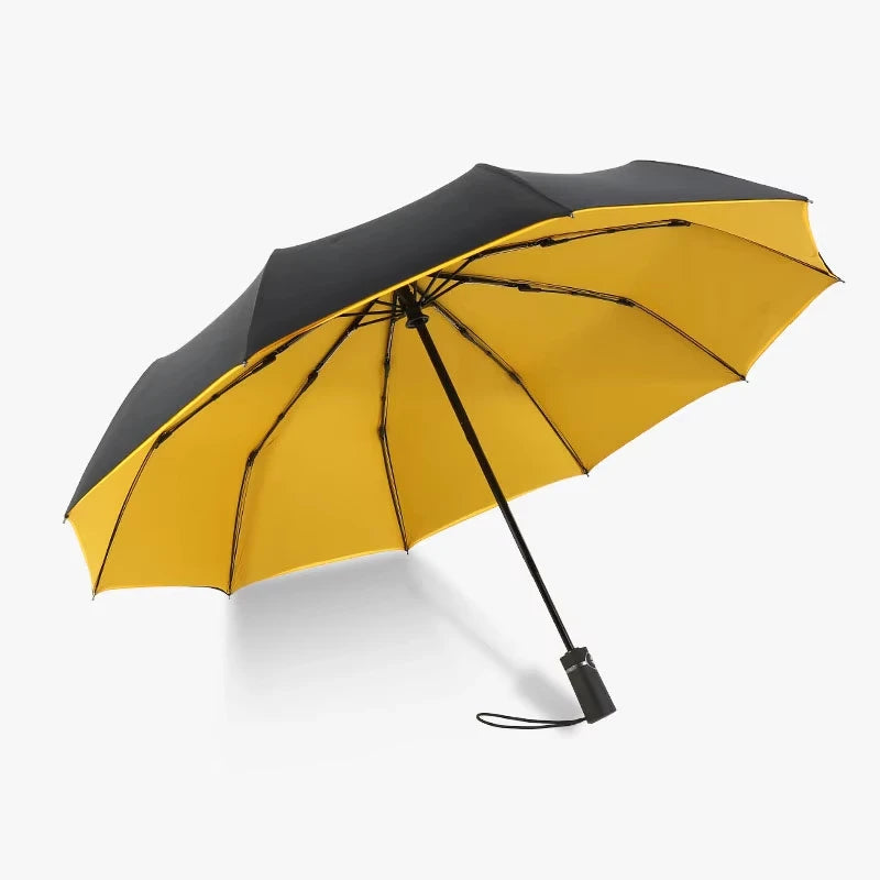 A yellow and black double-layer windproof umbrella shown open against a white background.