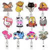 A set of glitter acrylic badge reels featuring various animal characters like a fox, cat, and dog.