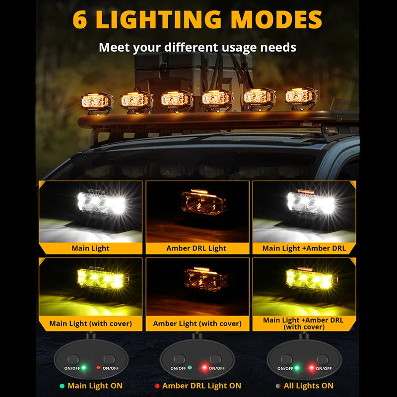 4 Inch LED Driving Lights with Amber DRL and Side Shooter