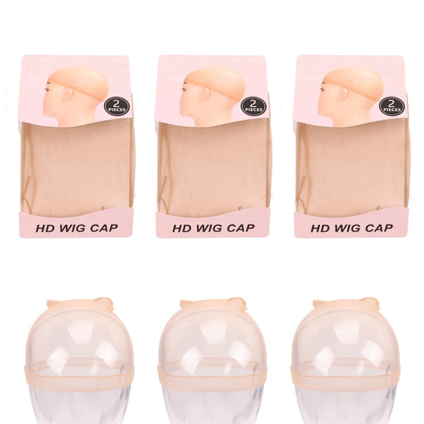 Three packages of HD wig cap installation kits showing the pink packaging and beige wig caps.