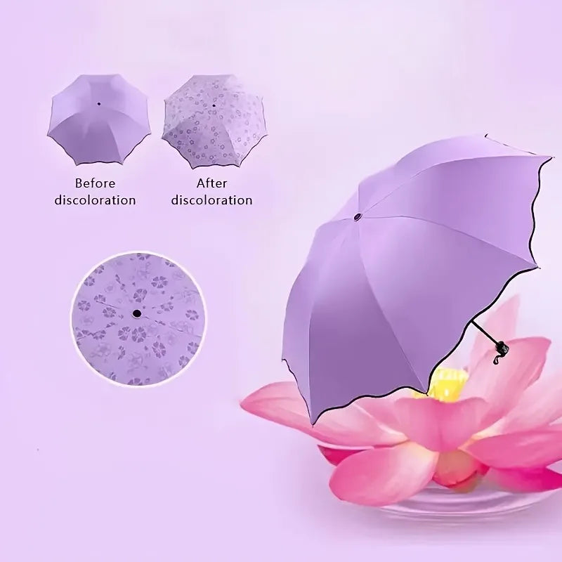 A purple floral bloom umbrella showing before and after discoloration, with a pink lotus flower in the background.