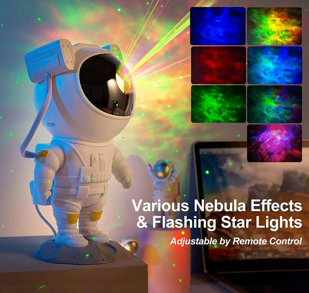 A white astronaut projector displays various nebula effects and flashing star lights on a screen.