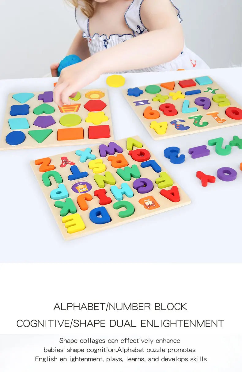 Wooden alphabet and number block puzzle with geometric shapes for toddlers