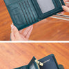 A dark teal passport wallet is shown in various angles, displaying card slots and RFID blocking features.