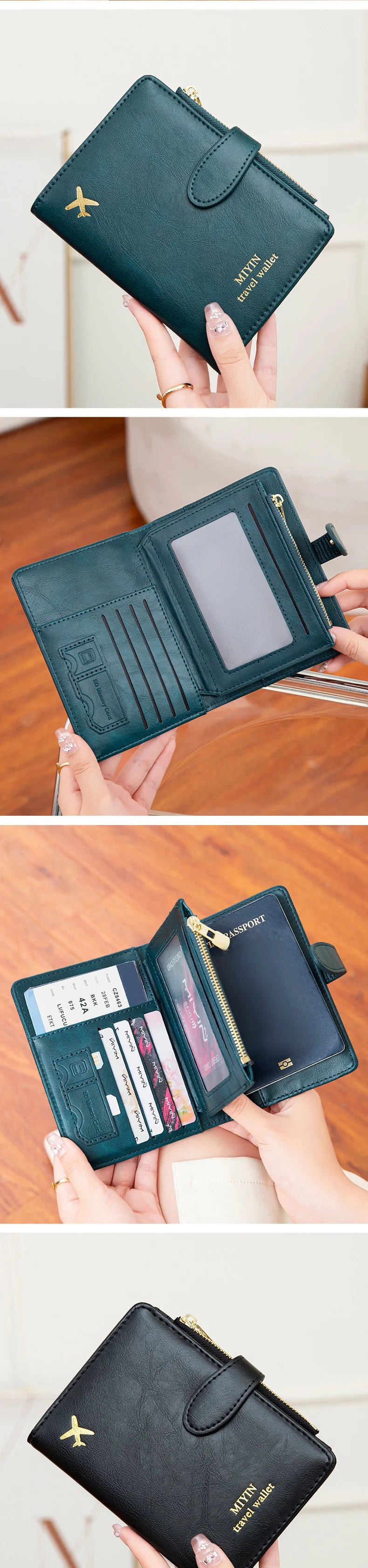 A dark teal passport wallet is shown in various angles, displaying card slots and RFID blocking features.