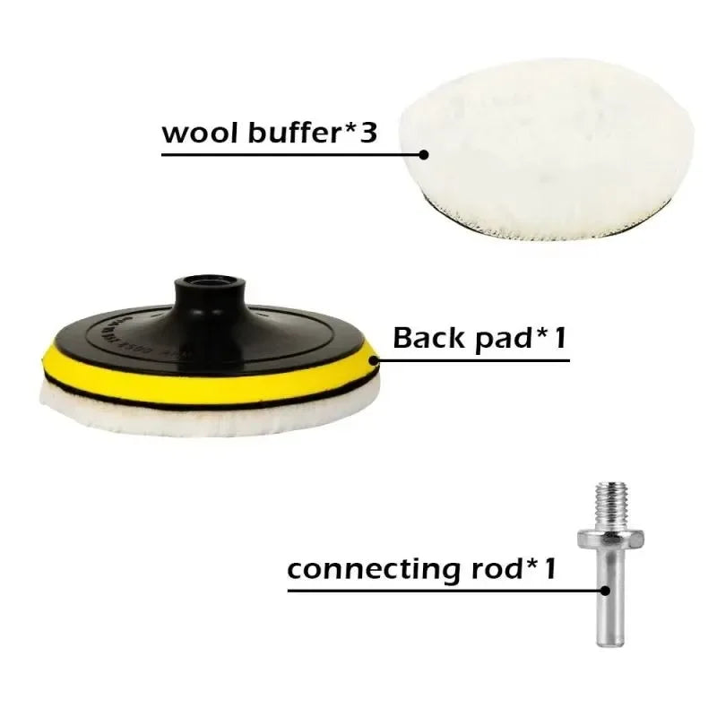 A set of three wool buffers, a backing pad, and a connecting rod for car polishing.