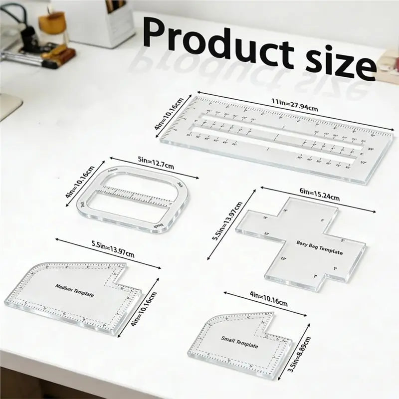 A set of five clear acrylic templates for making bags, including medium and small size patterns.