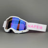 White professional MX off-road goggles with blue tinted lenses and a pink strap