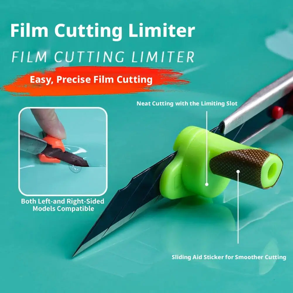 A film cutting limiter tool with a sliding aid sticker is shown, demonstrating precise film cutting on models.