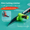 A film cutting limiter tool with a sliding aid sticker is shown, demonstrating precise film cutting on models.
