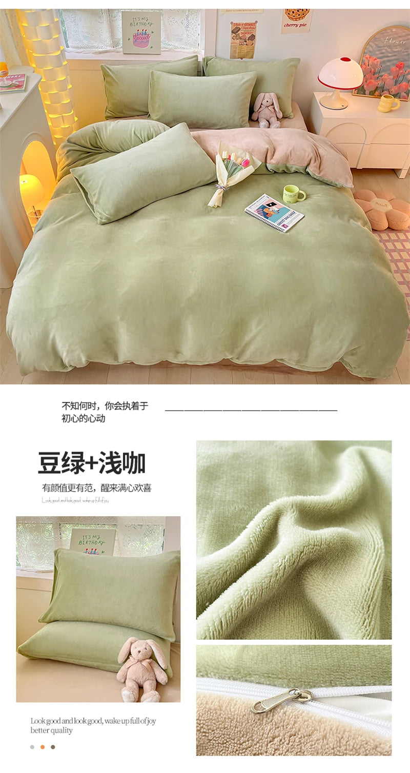 A set of cozy milk velvet bedding including a duvet cover and pillowcases with a pink stuffed animal.