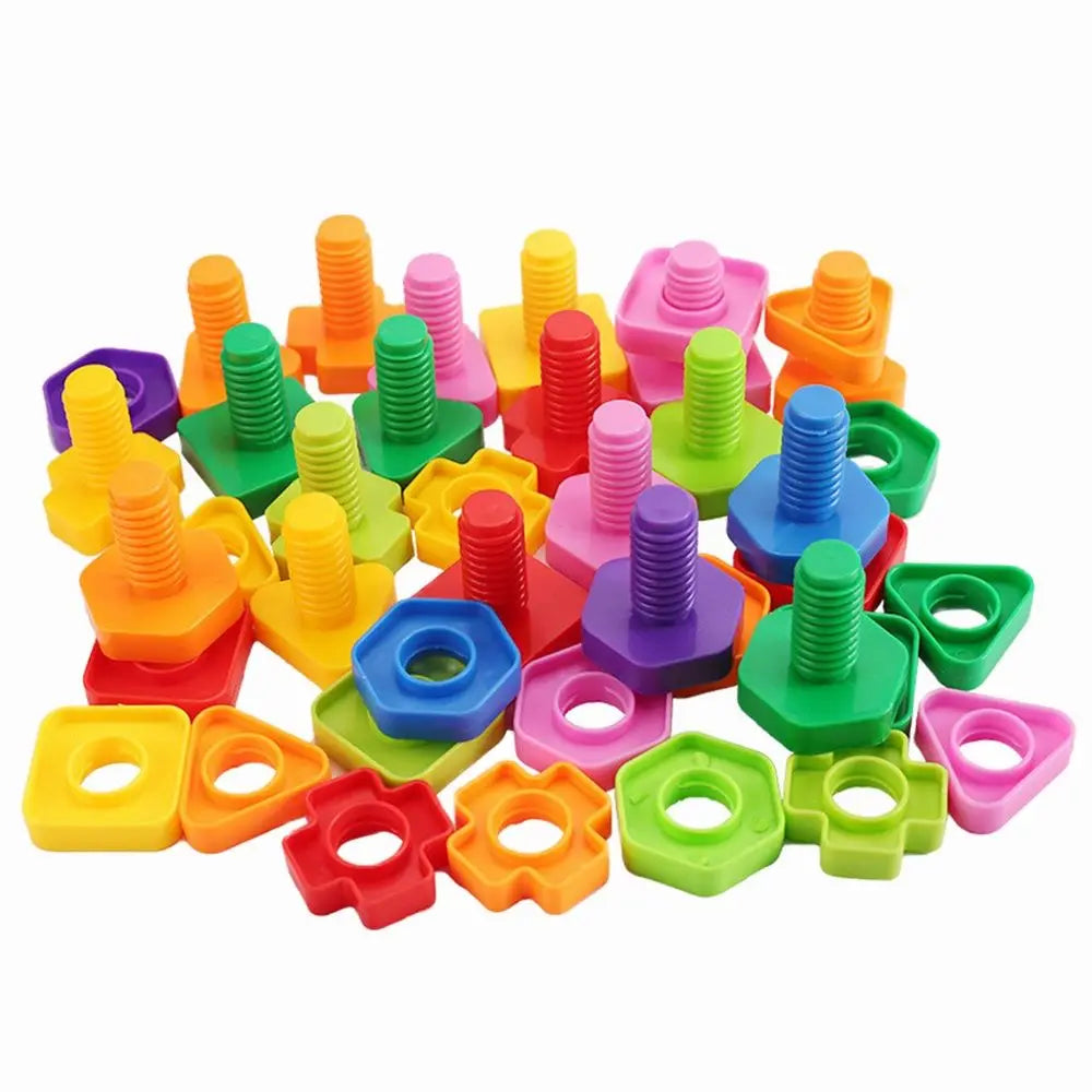 A collection of colorful plastic screw and nut building blocks for children.