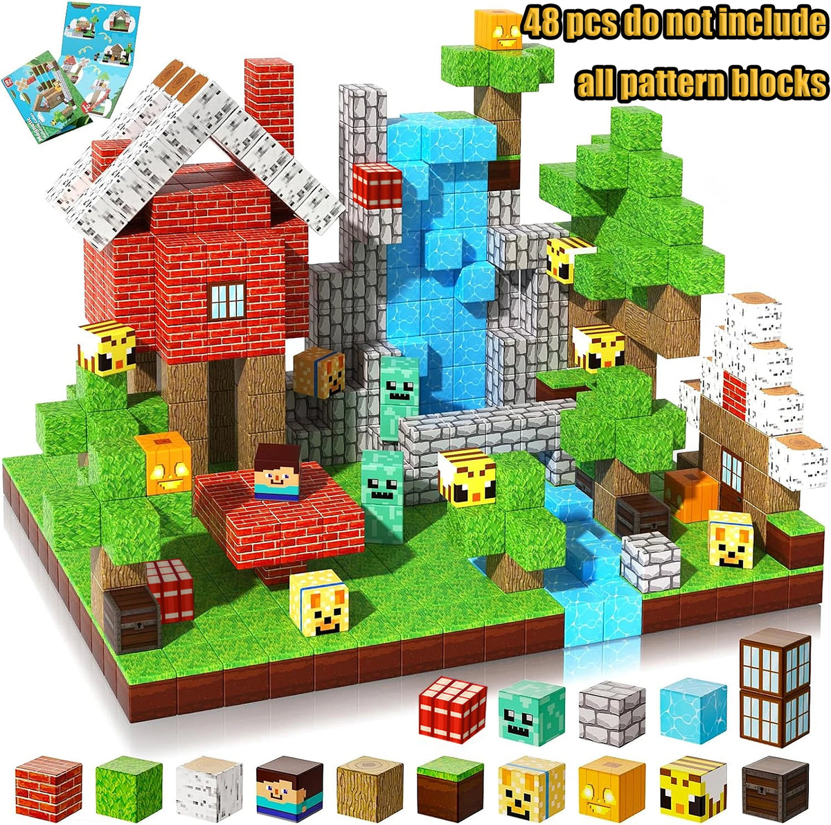 Eine Sammlung magnetischer Bausteine mit verschiedenen Formen, Farben und Themen wie ein Backhaus und ein Baum.