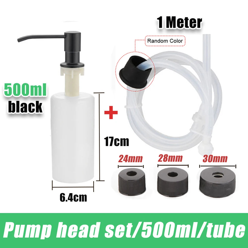 A black pump soap dispenser bottle and a clear silicone tube with various sized nozzles shown for a 500ml product set.