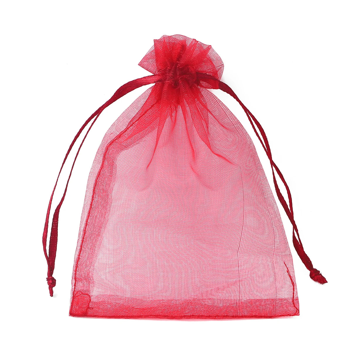 A bright red organza drawstring gift bag with a gathered top and long ties.