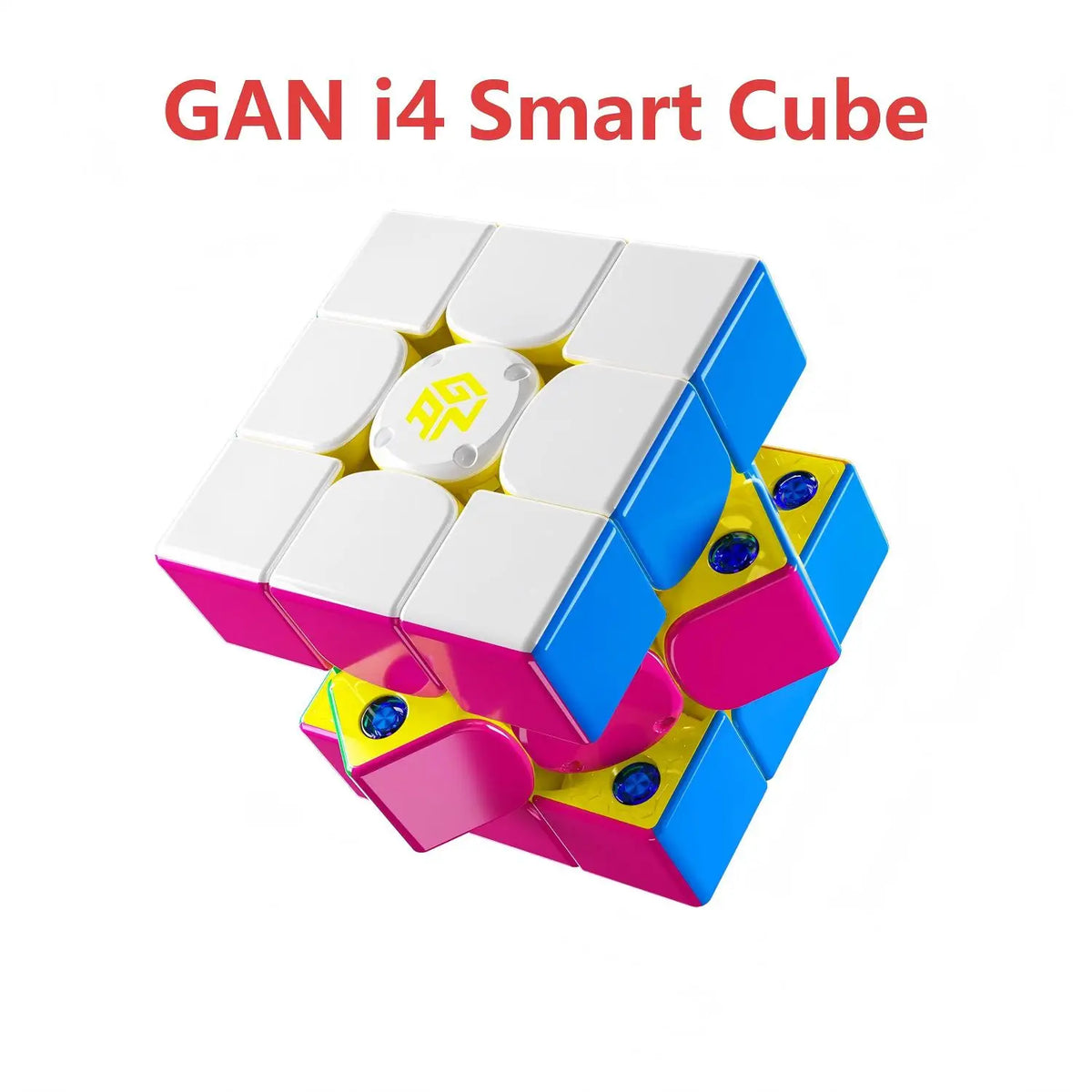 A white and pink GAN i4 Smart Cube is shown from above, displaying its magnetic cube structure.