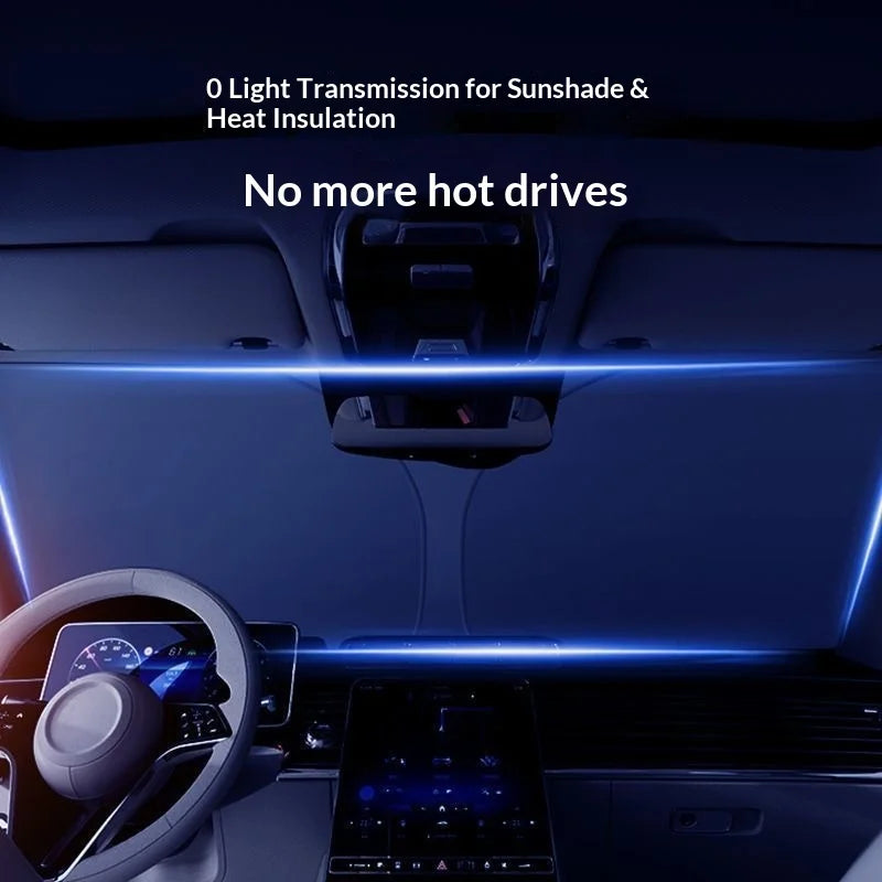 Interior view of a car showing a blue light barrier for sunshade and heat insulation.