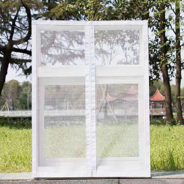 A white self-adhesive window screen mesh with a zipper is shown in a vertical panel.
