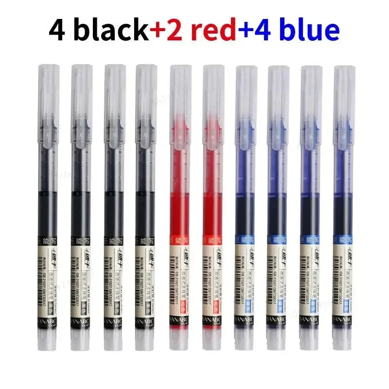 A set of gel pens in black, red, and blue colors with fine points.