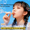 A woman holds a cigarette-shaped bubble toy against her lips, set against a bright blue sky background.