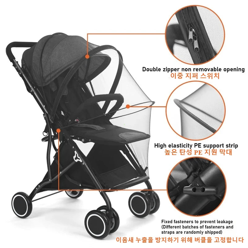 Black universal mosquito net cover for baby strollers and cribs with double zipper and elastic support strips