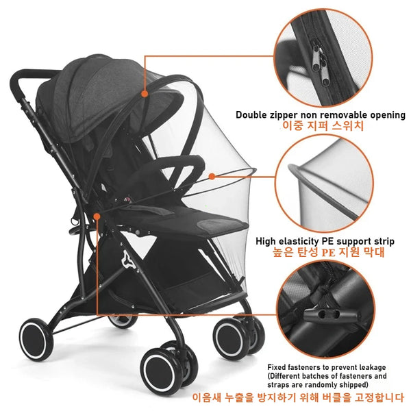 Black universal mosquito net cover for baby strollers and cribs with double zipper and elastic support strips