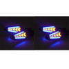 A pair of blue and yellow LED flowing turn signal indicators mounted on a black surface.