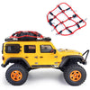 Yellow RC crawler vehicle with an elastic roof rack luggage net and tires