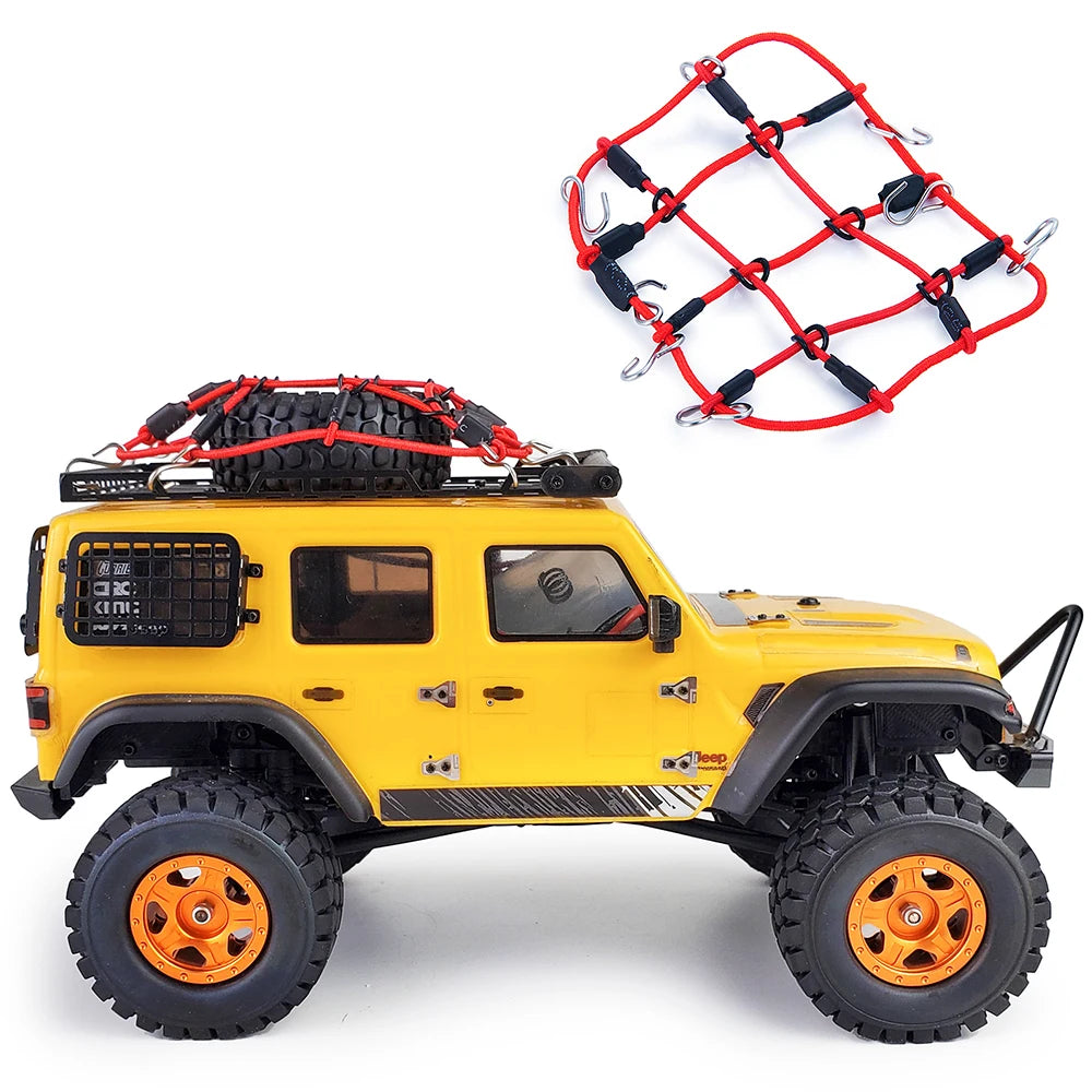 Yellow RC crawler vehicle with an elastic roof rack luggage net and tires