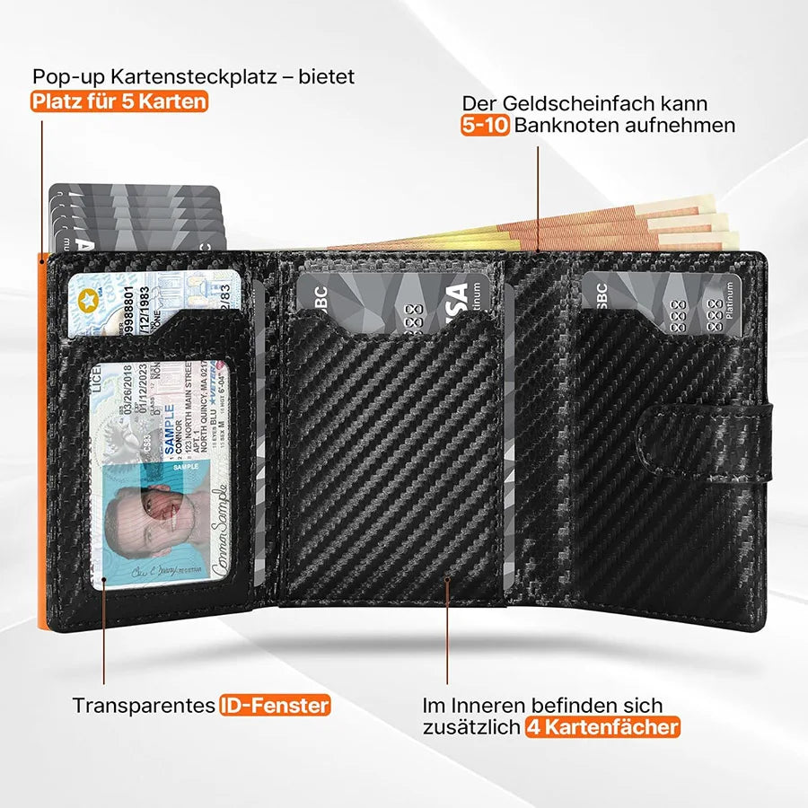 Schwarzes Pop-up-Wallet mit ID-Fenster und Kartenfächern für 5 Karten und 5-10 Banknoten