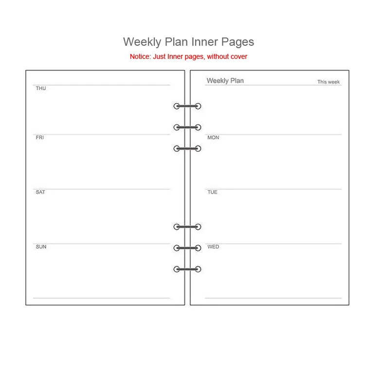 Two inner pages of a weekly plan notebook showing monthly layouts for Thursday through Wednesday.