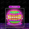 A vibrant purple sphere with glowing green and orange lines is displayed against a dark background.