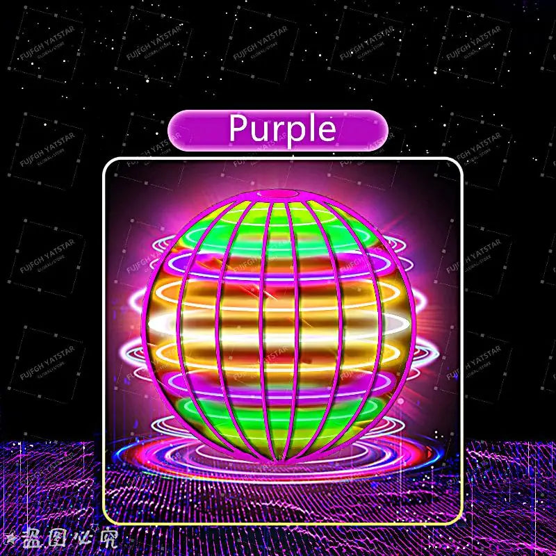 A vibrant purple sphere with glowing green and orange lines is displayed against a dark background.