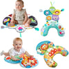 A set of high contrast tummy time pillows and mats for babies, including a large arch and various shapes.