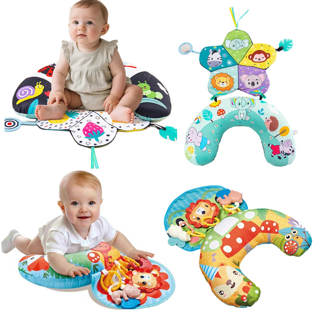 A set of high contrast tummy time pillows and mats for babies, including a large arch and various shapes.