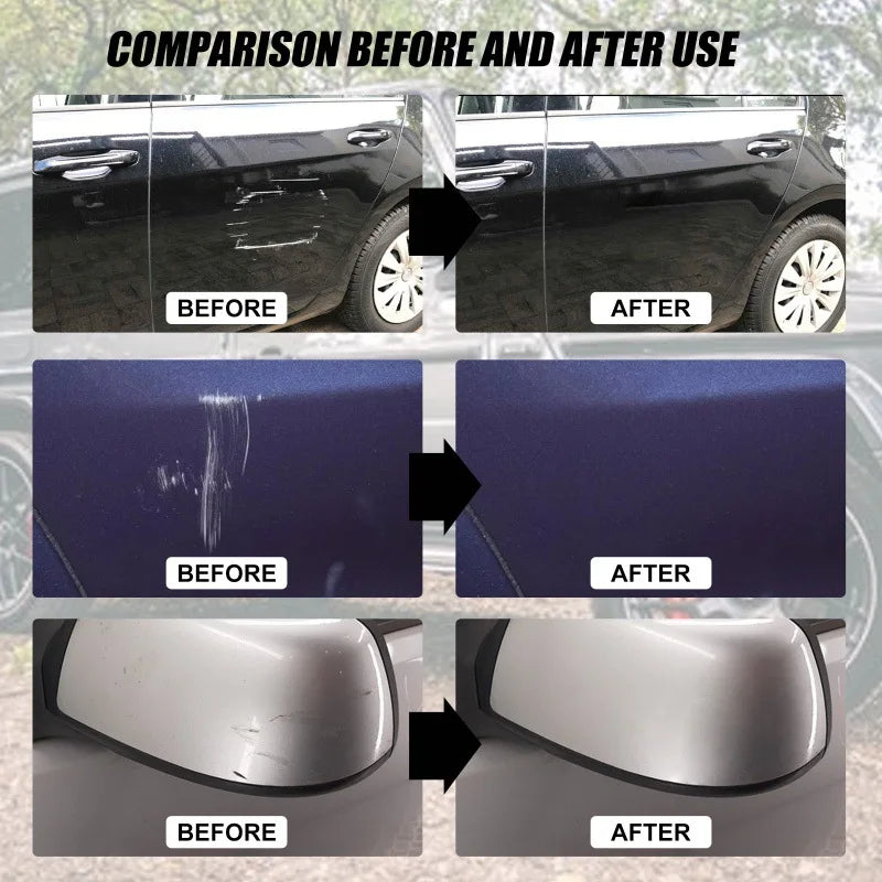 Comparison showing before and after use of a car scratch remover polish on a vehicle's paint surface.
