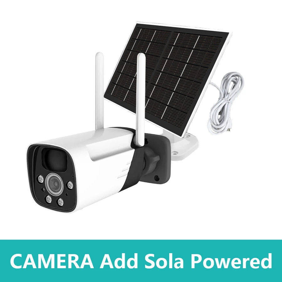 A white solar-powered wireless outdoor security camera with a solar panel and two antennas.