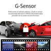 A G-Sensor system is shown with a car collision scenario, featuring a built-in sensor and recorded video.