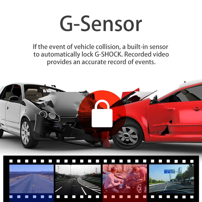 A G-Sensor system is shown with a car collision scenario, featuring a built-in sensor and recorded video.