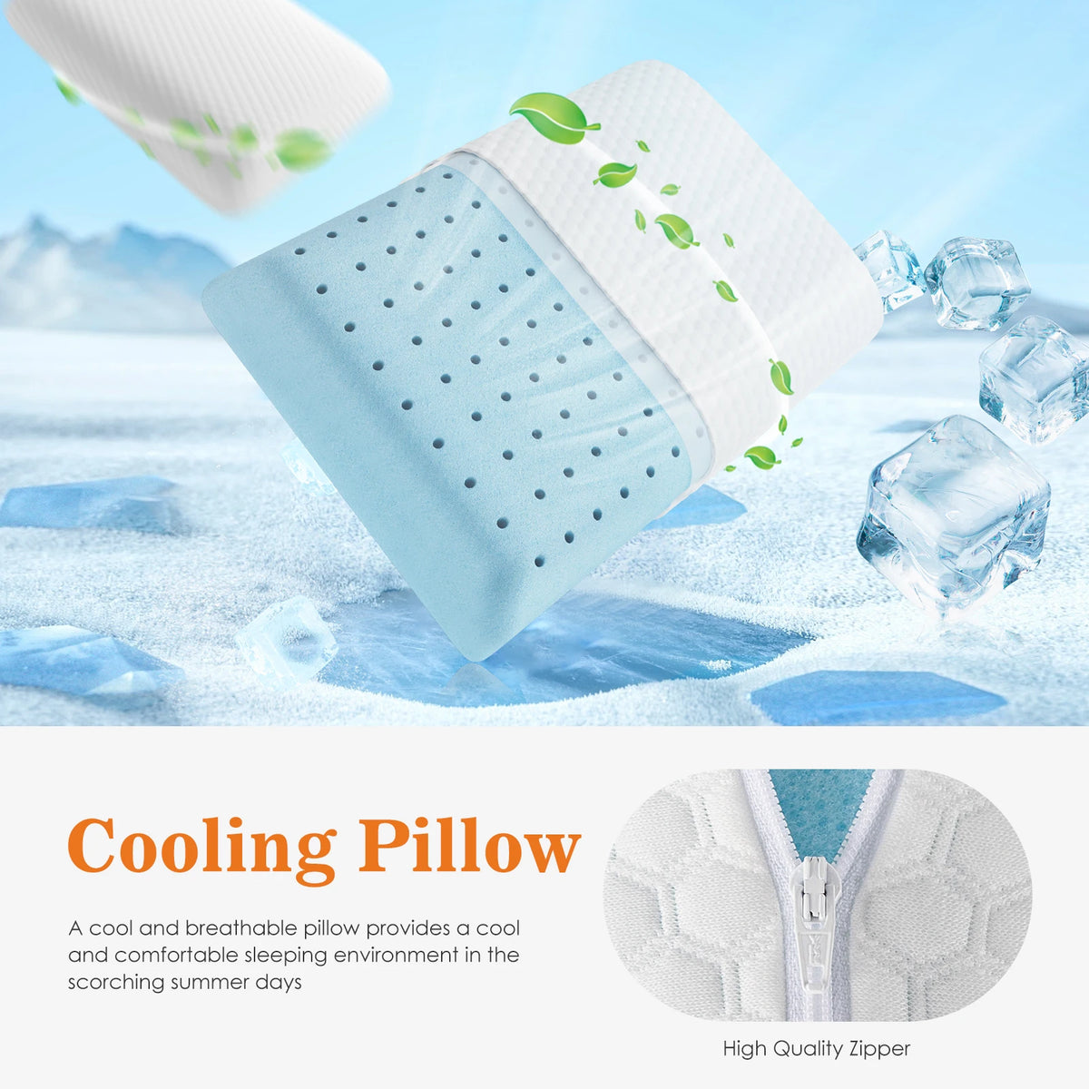 A light blue cooling pillow with a removable white cover is shown against a snowy background.