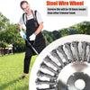A man is using a 6-inch steel wire wheel brush for string trimmers in a grassy outdoor setting.