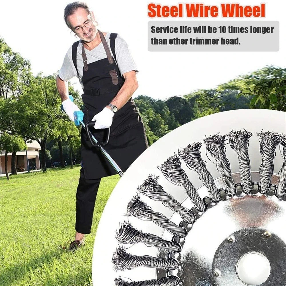A man is using a 6-inch steel wire wheel brush for string trimmers in a grassy outdoor setting.