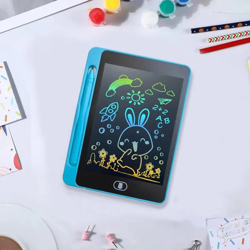 A turquoise writing tablet displaying a cartoon rabbit drawing on the screen.