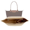 A brown felt purse organizer insert is shown open, displaying a structured interior for large tote bags.