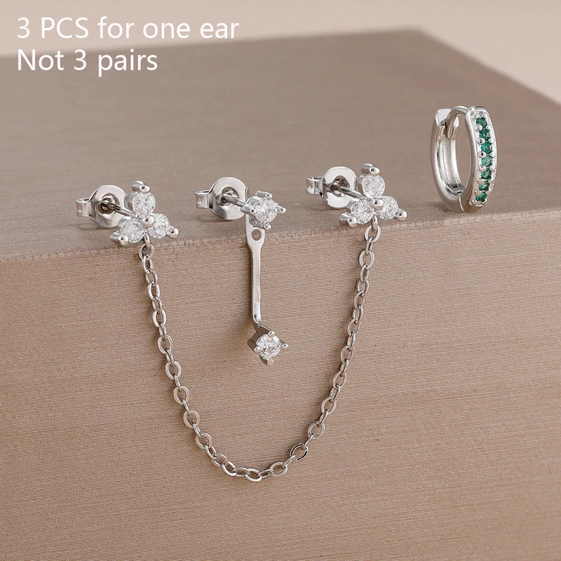 Double-Hole Link Chain Earrings with Green Zircon
